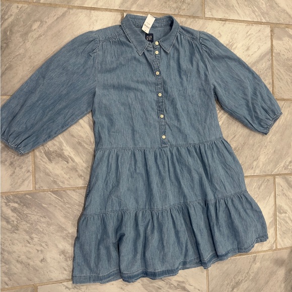 NWT Gap Womens Denim Flowy Short Dress Blue Size Large Petite Puff Sleeves - Picture 1 of 9